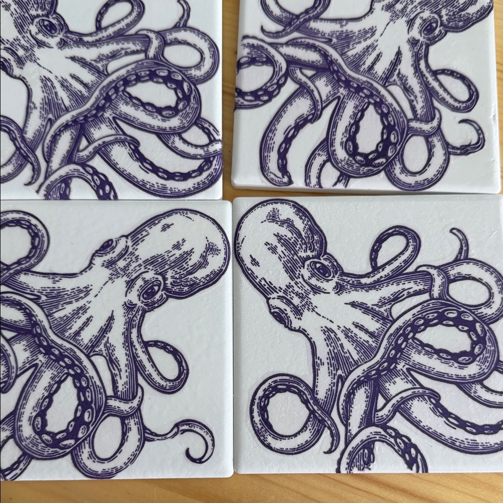 Nautical Octopus Ceramic Tile -  4 Deep Purple on White - Picture 5 of 8